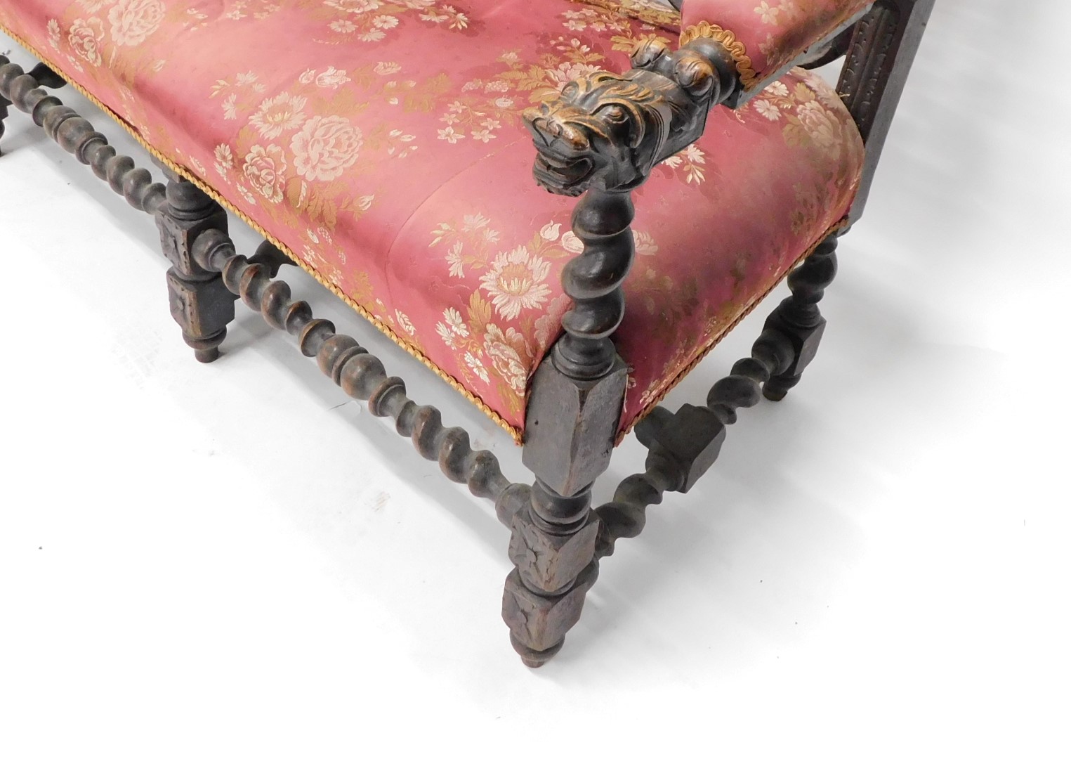 A late 19th/early 20thC ebonised oak sofa, in Carolean style, the high back decorated with scrolls, - Image 4 of 4