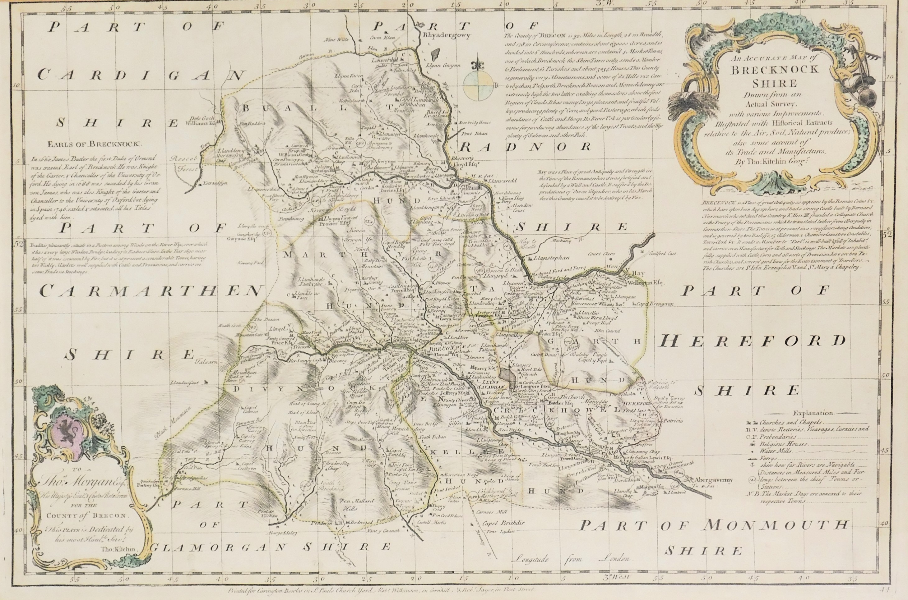 An 18thC county map of Brecknockshire, by Thomas Kitchin, with coloured emblems, 37cm x 55cm, framed