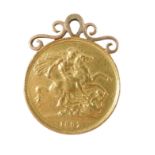 A Victorian two pound gold coin pendant, with applied rose gold pendant mount dated 1887, 17.2g.