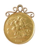 A Victorian two pound gold coin pendant, with applied rose gold pendant mount dated 1887, 17.2g.