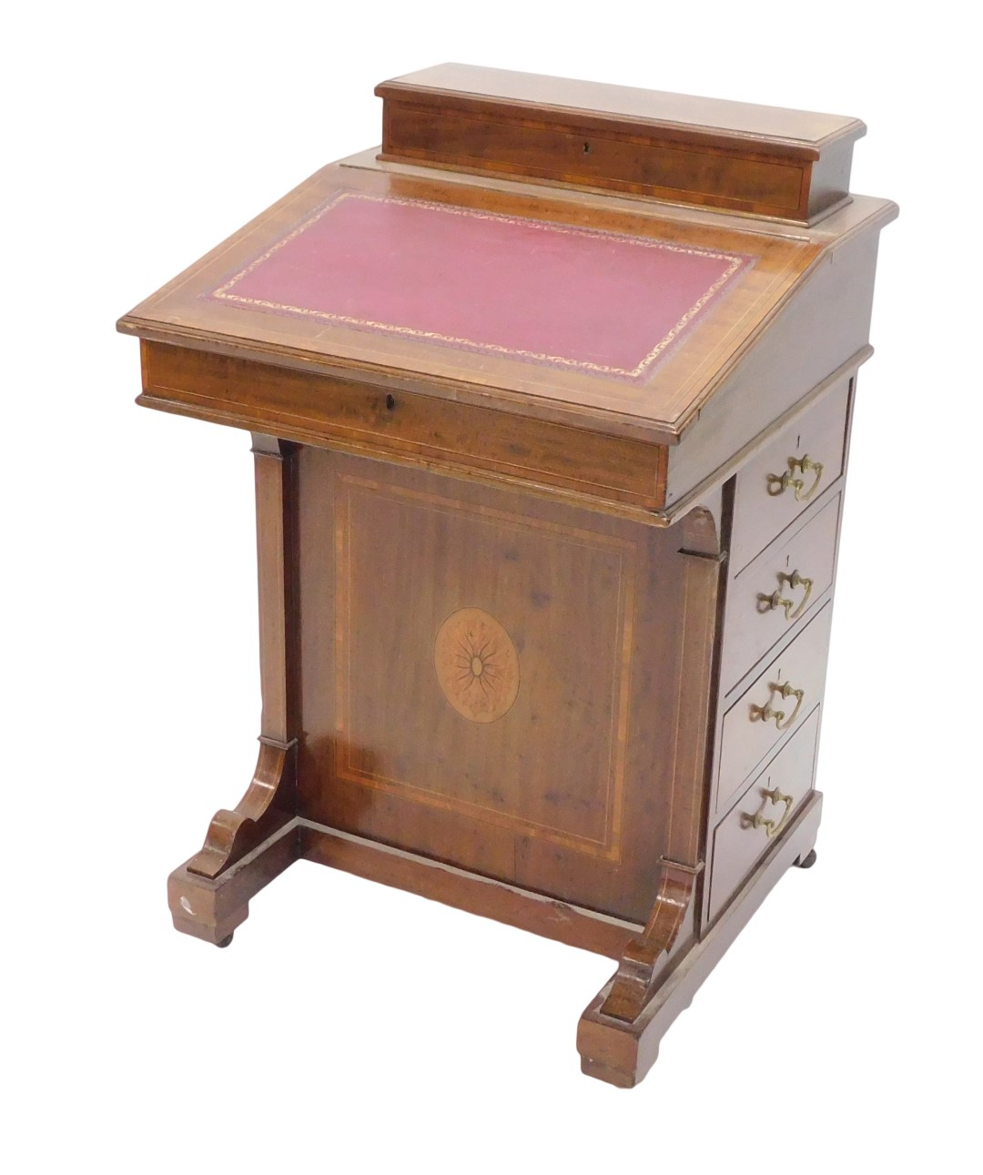 An Edwardian mahogany and satinwood cross banded Davenport, the top with a hinged letter compartment