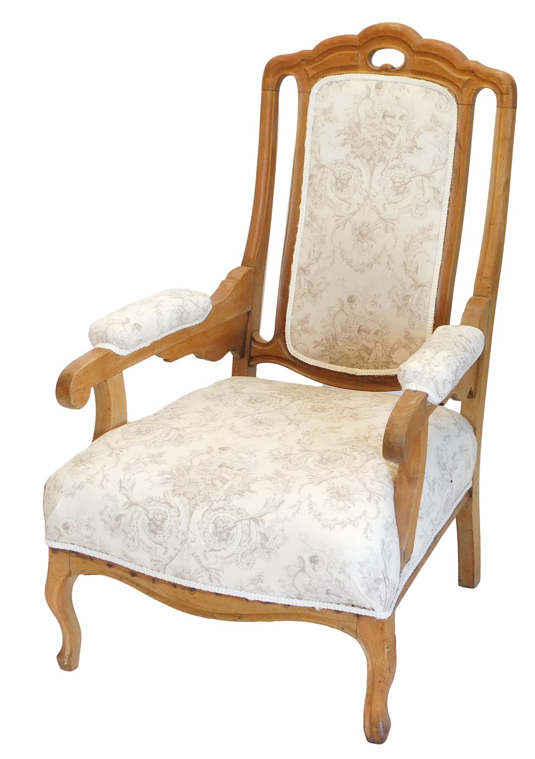 A 19thC continental walnut open armchair, with a padded back, armrest and seat, upholstered in toile