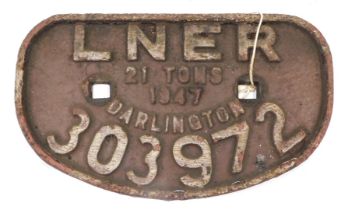 An LNER cast iron railway wagon plaque, numbered twenty one tons 1947 Darlington, 28cm wide.