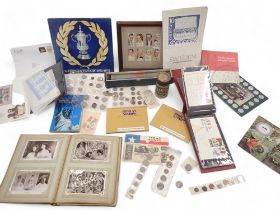 Coins and first day covers, comprising historic cars from Shell, FA cup centenary album, a Stanley G