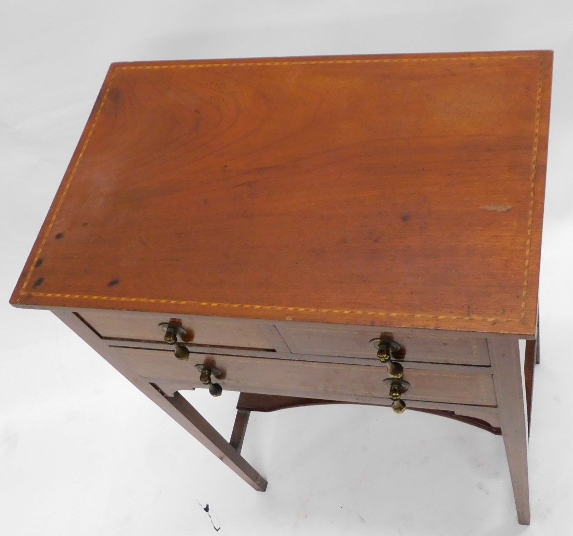 A late 19th/early 20thC mahogany and chequer banded work table, the rectangular top above an arrange - Image 2 of 2
