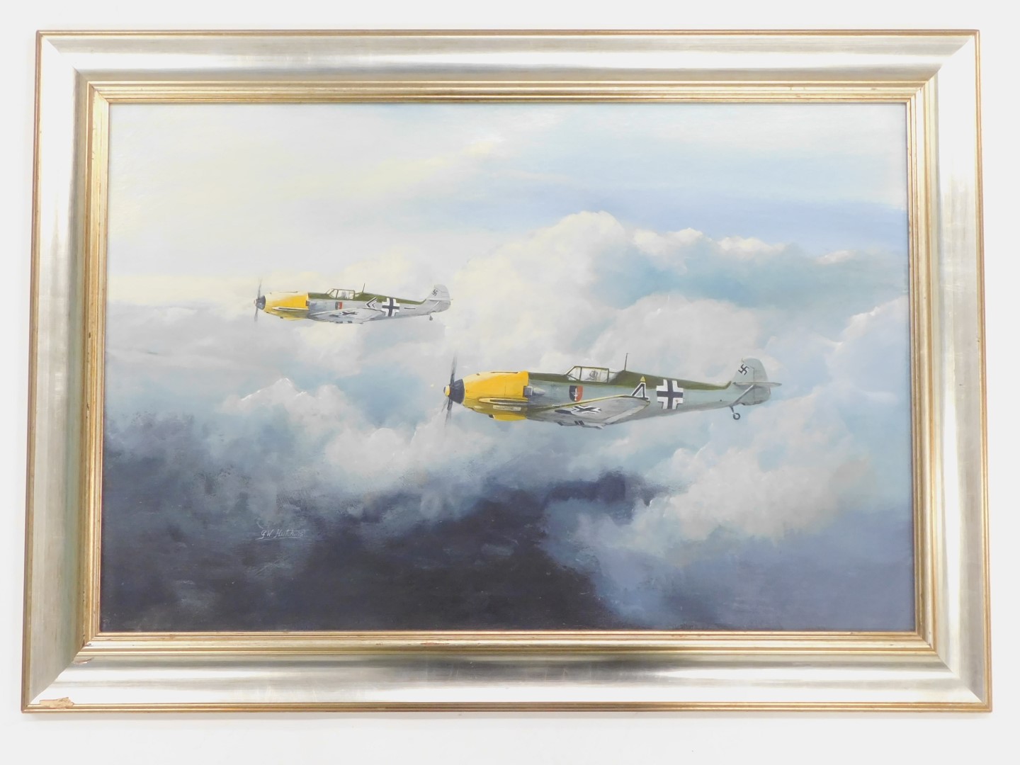 G W Hutchins (20thC School). Messerschmitt 109, oil on canvas, signed, 49cm x 75cm, in silvered fram - Image 2 of 3