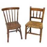 Two beech child's chairs, one with spindle turned back and rush seat.