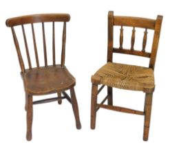 Two beech child's chairs, one with spindle turned back and rush seat.