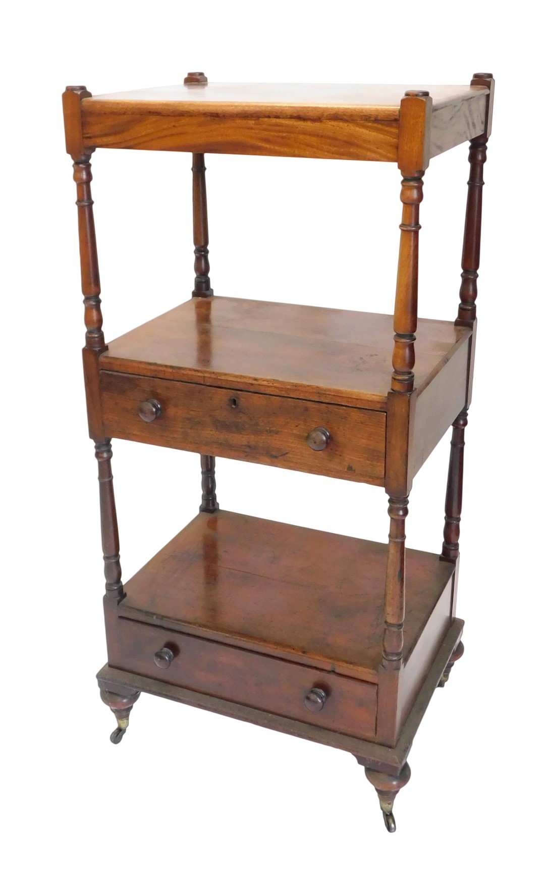 A 19thC mahogany three tier whatnot, with two drawers, on bun feet with ceramic castors, 120cm high,