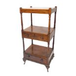 A 19thC mahogany three tier whatnot, with two drawers, on bun feet with ceramic castors, 120cm high,