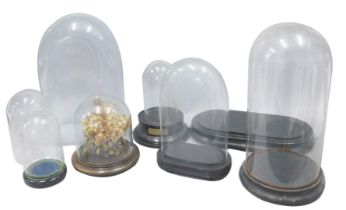 A collection of glass domes, some ebonised bases, etc., the largest arched dome 38cm high.