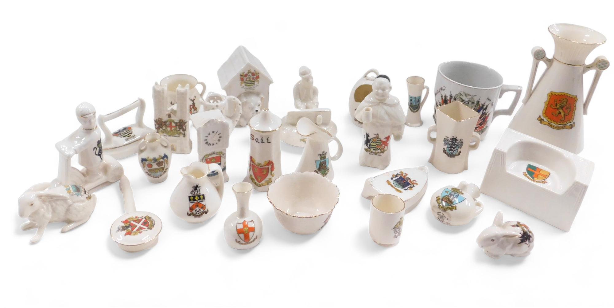 A large quantity of crested china, to include Goss vase, a kennel, monk, two rabbits, etc. (1 tray)