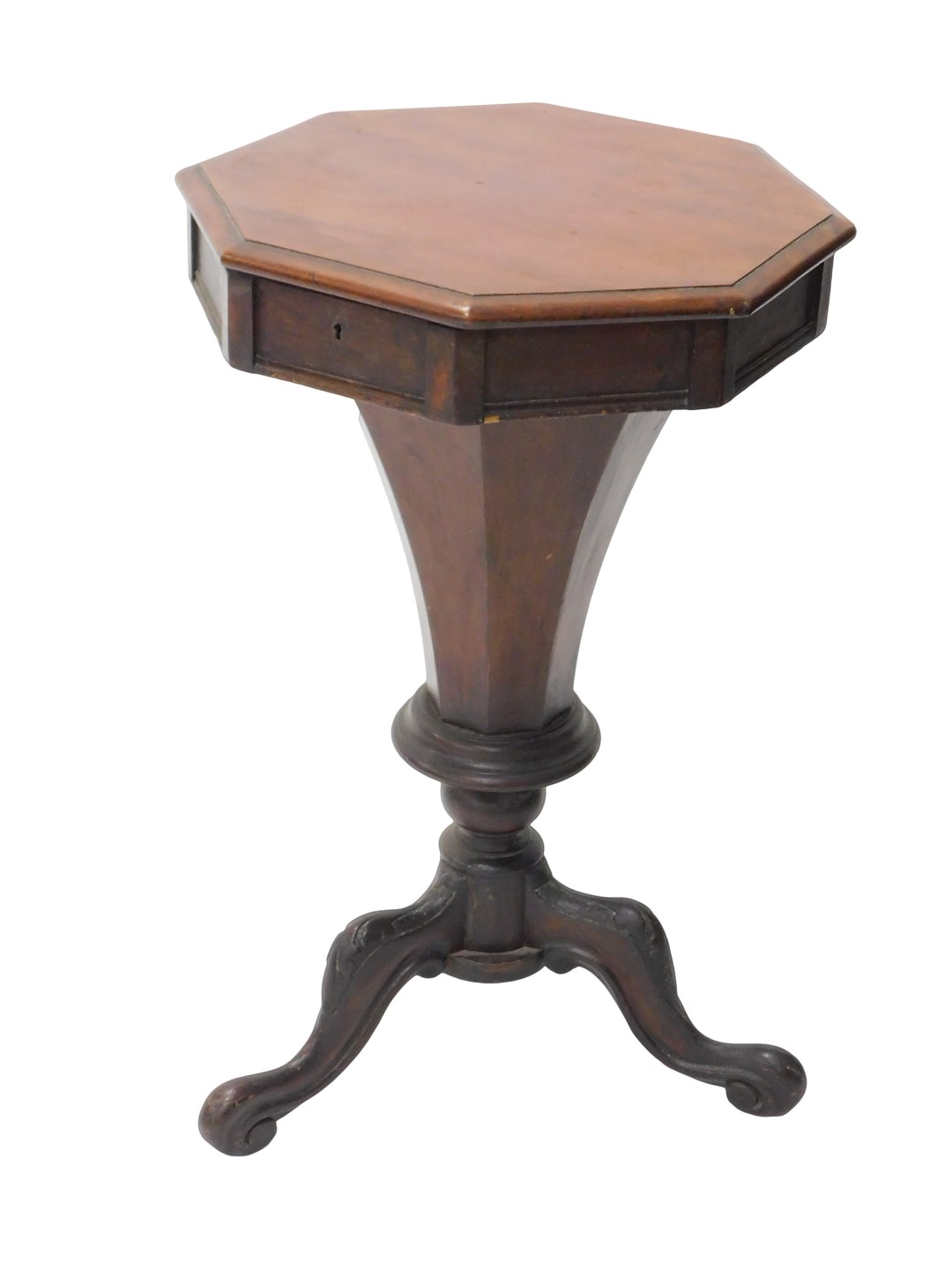 A Victorian walnut trumpet shaped work table, the hinged octagonal lid enclosing a vacant interior,