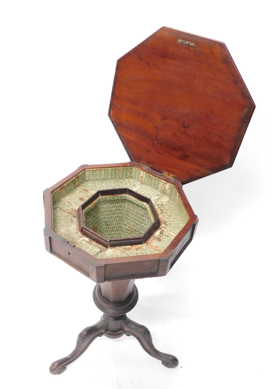 A Victorian walnut trumpet shaped work table, the hinged octagonal lid enclosing a vacant interior, - Image 2 of 2