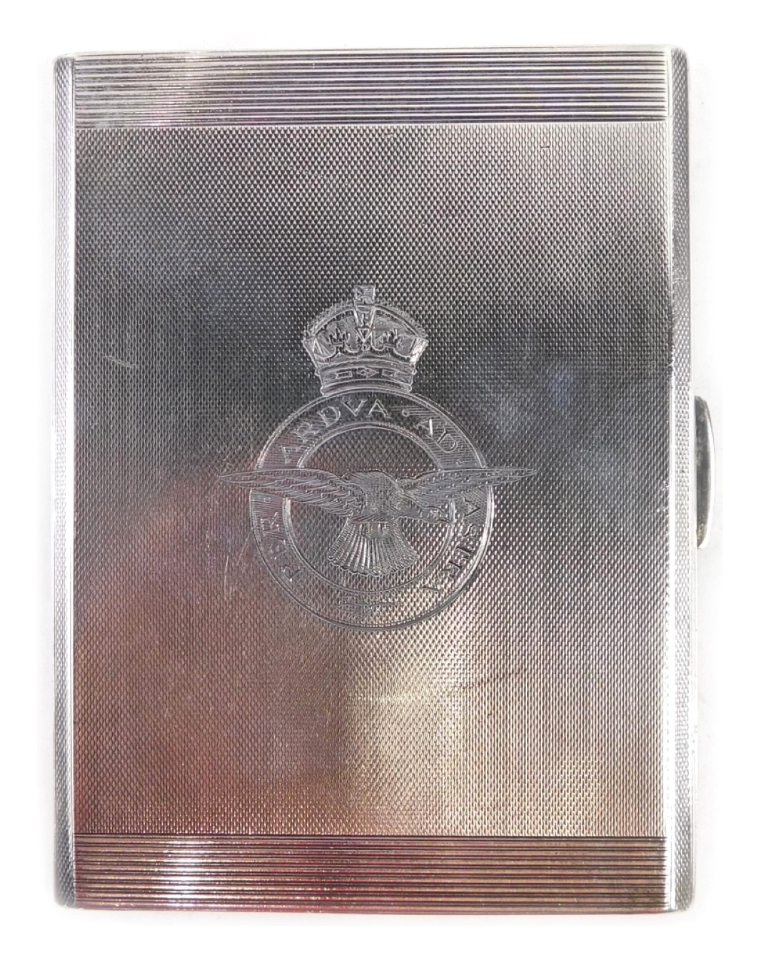 A George VI silver cigarette case, with engine engraved central RAF motif, inscribe PER ARDVA AD AST