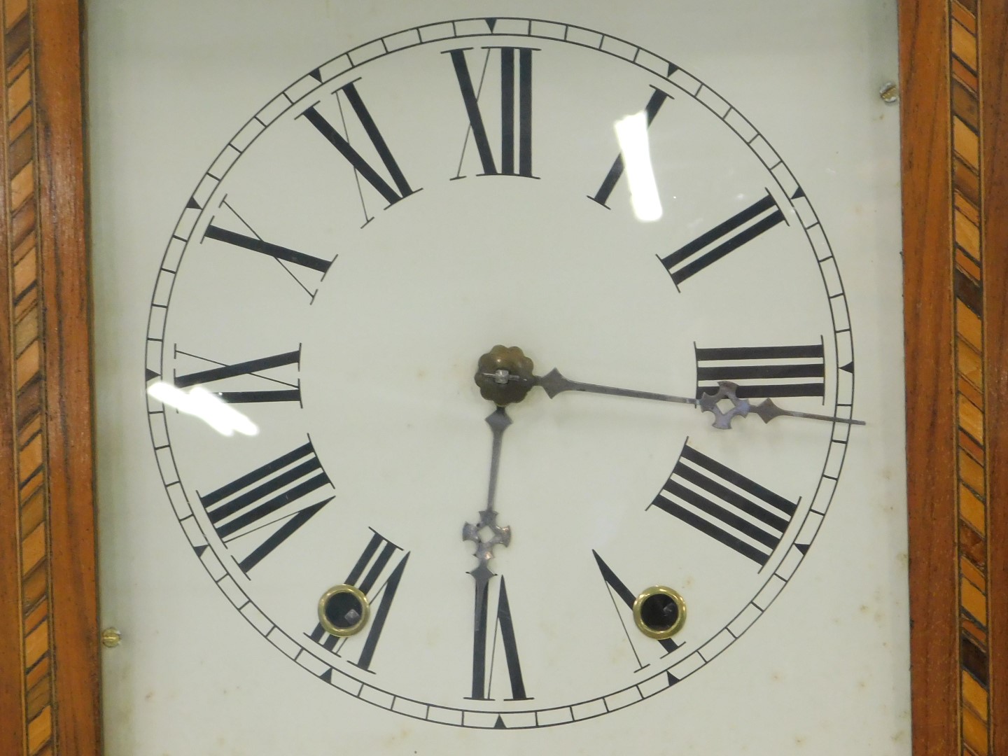 A late 19thC American walnut and parquetry wall clock, with painted dial, 86cm high. - Image 2 of 3