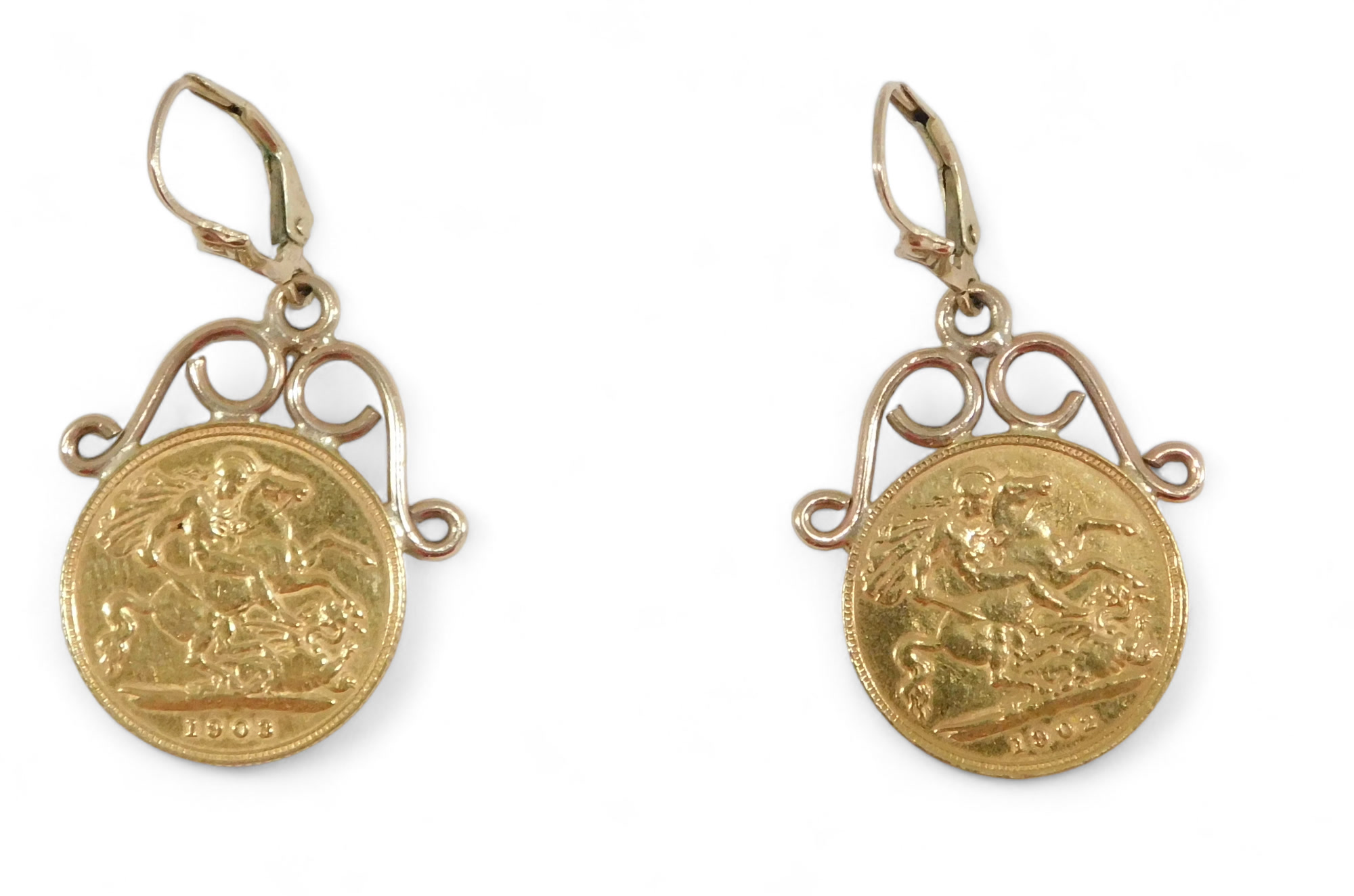 A pair of Edward VII half gold sovereign earrings, dated 1902 and 1903, with applied 9ct gold earrin