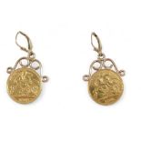 A pair of Edward VII half gold sovereign earrings, dated 1902 and 1903, with applied 9ct gold earrin