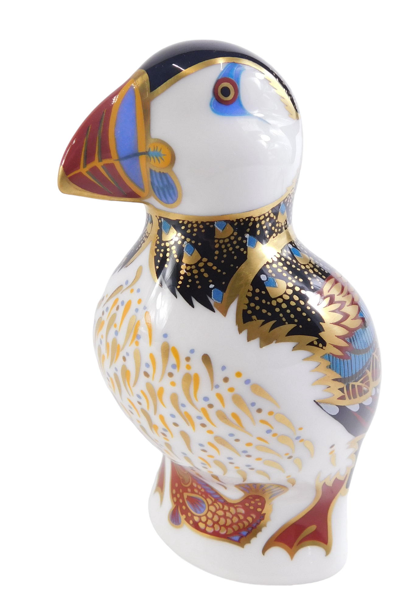 A Royal Crown Derby puffin paperweight, on silver stopper, 12cm high.
