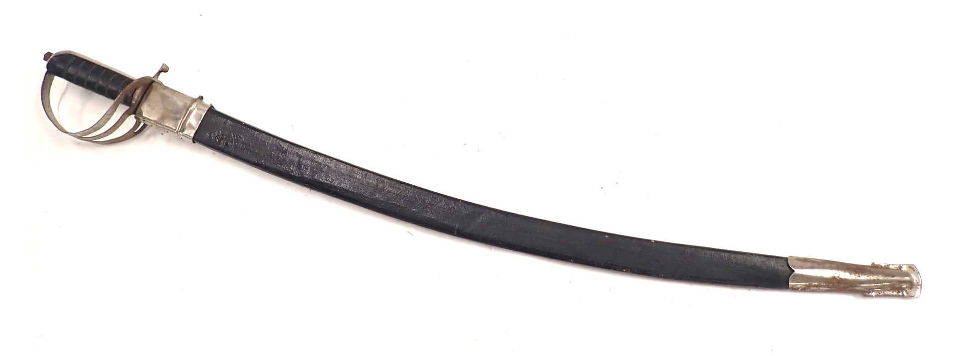 A 20thC sword, with curved and engraved blade, in leather scabbard, with shaped handle, 94cm long.
