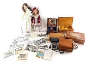 Miscellaneous items, to include boxes, box camera, two dolls, etc.