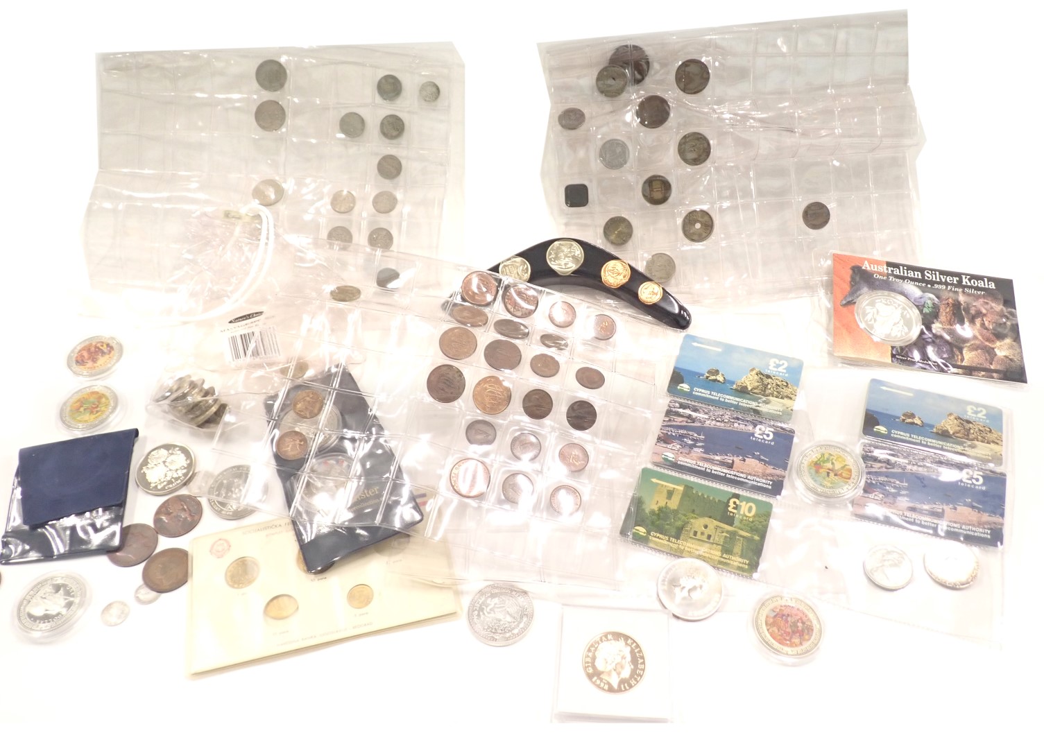 A collection of coins, comprising commemorative and others, Cyprus telecommunication cards, collecto