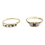 Two dress rings, comprising a 9ct gold blue and white paste stone set three cluster ring, ring size