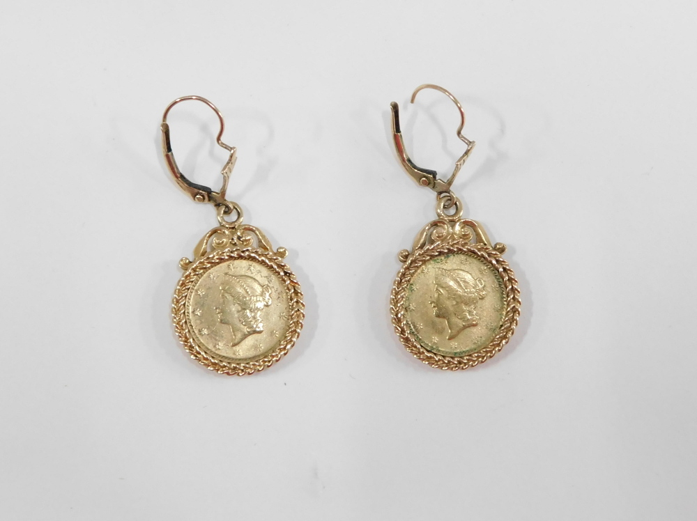 A pair of American one dollar earrings, each in dated 1853, in a clip yellow metal mount stamped 9ct - Image 3 of 3