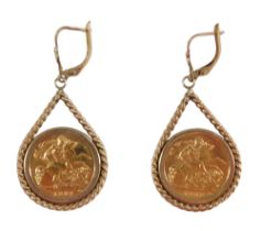 A pair of Elizabeth II half gold sovereign earrings, each mounted with a half sovereign, in clip fra