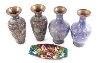 A pair of Oriental cloisonne vases, each decorated with flowers and scrolls, 16cm high, AF, another