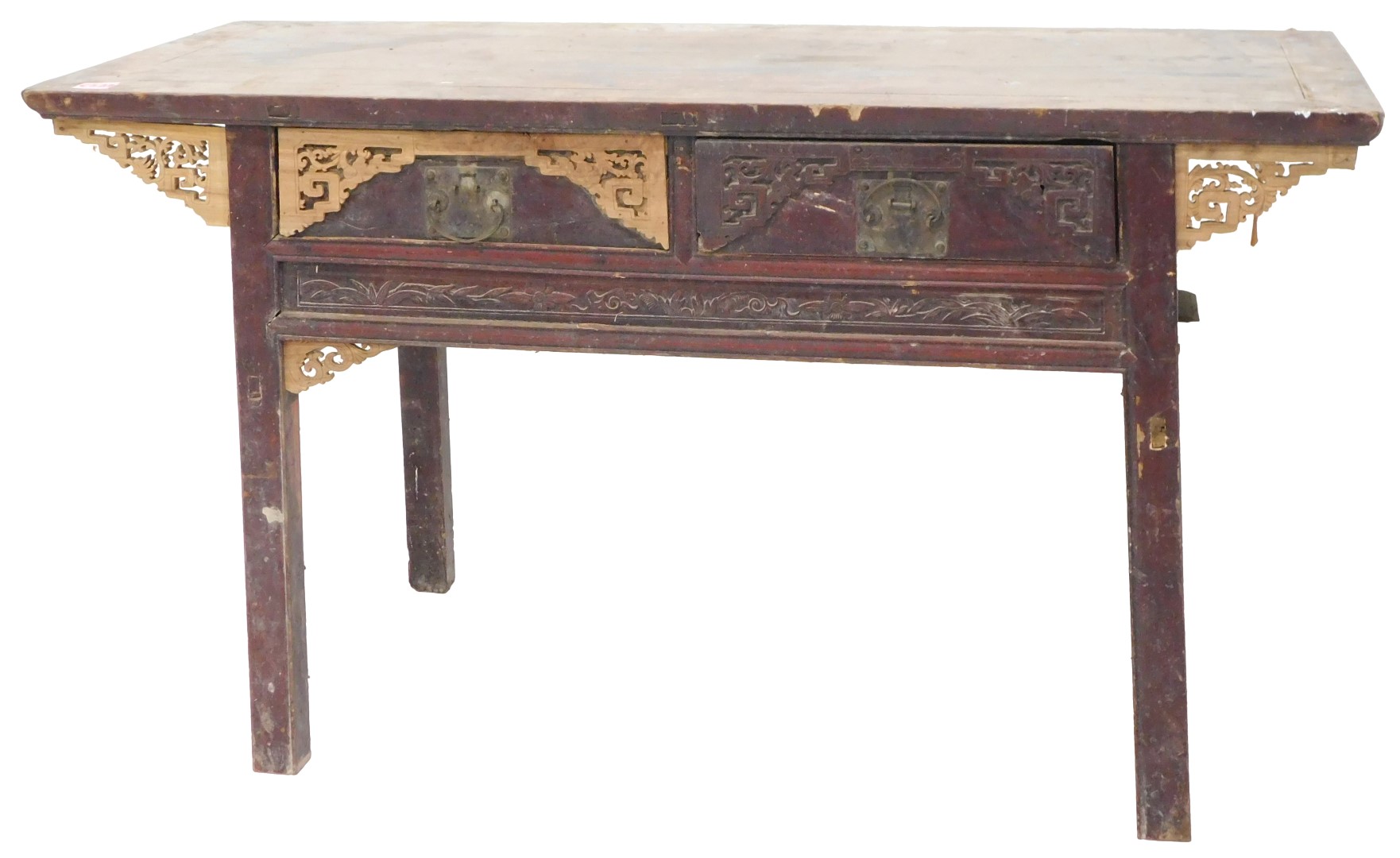 A Chinese red stained altar table, with two frieze drawers, each with brass handles, flanked by pier