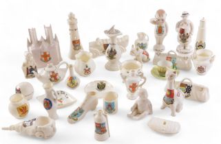 A quantity of crested china, to include a young child, Lincoln Cathedral, sun dial, bus, etc.