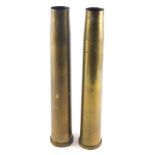 A pair of brass shell cases, stamped to underside LOS DN-2/29, etc., 36cm high.