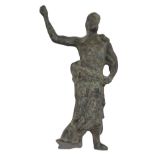 A Roman bronze statue of a female with raised hand, 11cm high.