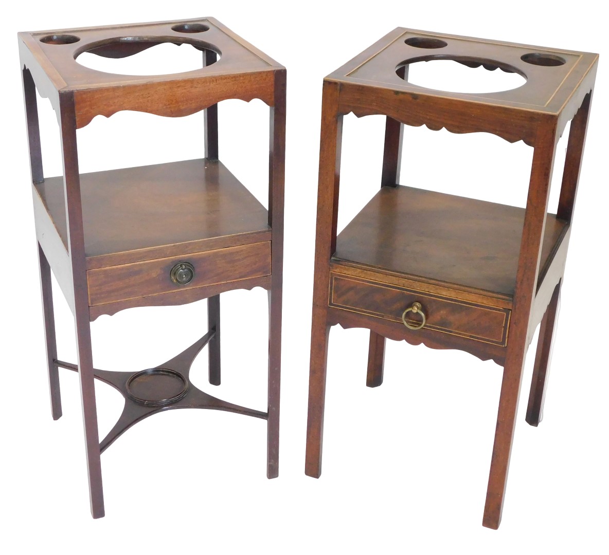 Two similar 19thC mahogany washstands, each square top with three recesses, on plain supports, with