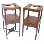 Two similar 19thC mahogany washstands, each square top with three recesses, on plain supports, with