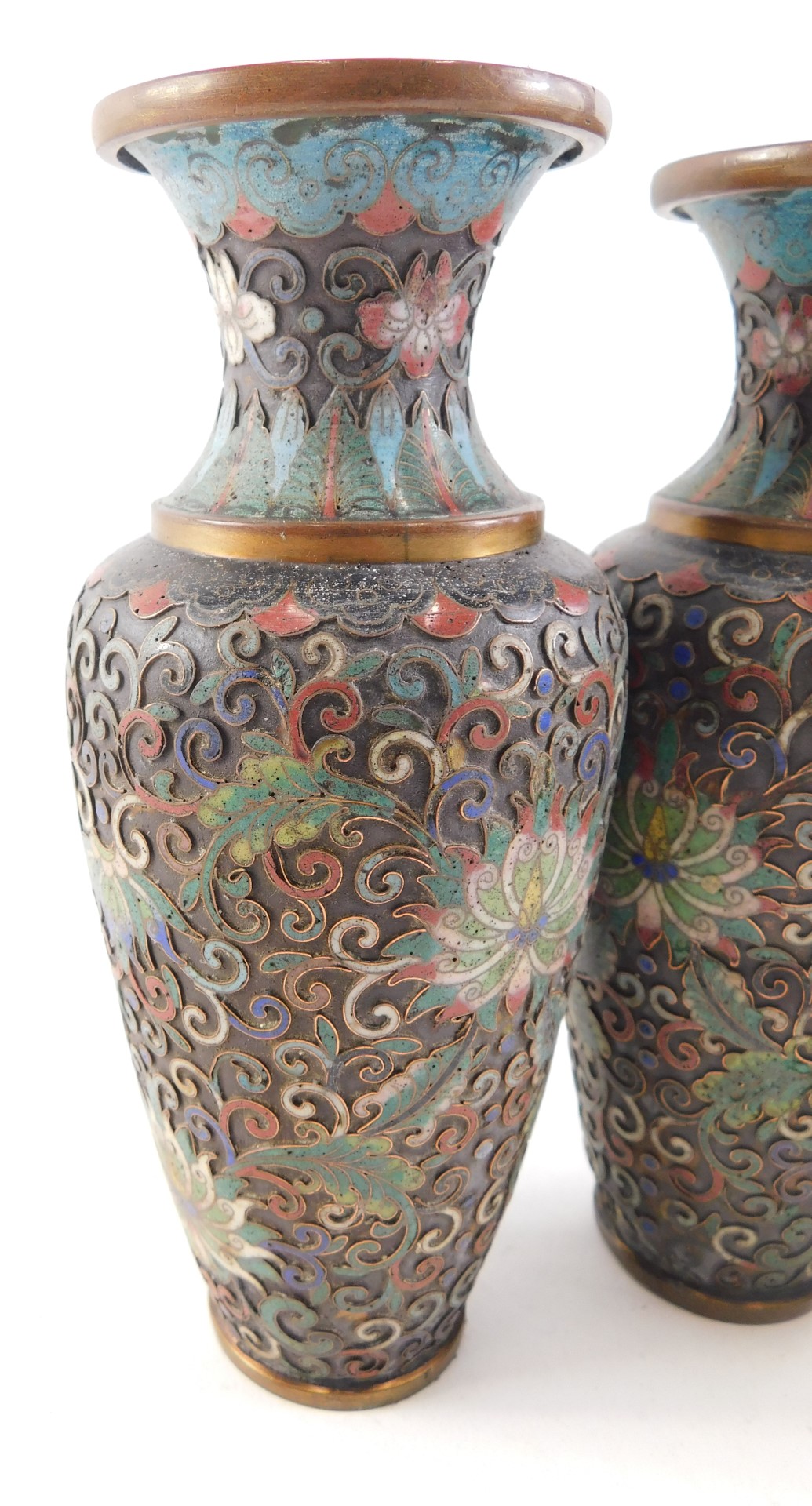 A pair of Oriental cloisonne vases, each decorated with flowers and scrolls, 16cm high, AF, another - Image 2 of 2