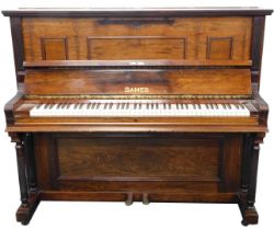 A Sames upright piano, in a rosewood case, decorated with aesthetic and Art Nouveau symbols, retaile