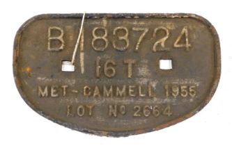 A cast iron railway wagon plaque, numbered B183724 16T Met-Callcammel 1955, 28cm wide.