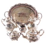 A John Turton silver plated six piece tea service, each with a bird shaped knop, and an oval two han