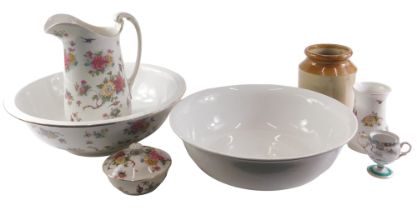 A floral and bird printed part wash stand set, further wash bowl, stoneware jar, etc.