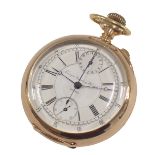A Timing and Repeating Watch Company yellow metal pocket watch, with white enamel chronograph dial a