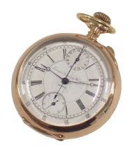A Timing and Repeating Watch Company yellow metal pocket watch, with white enamel chronograph dial a