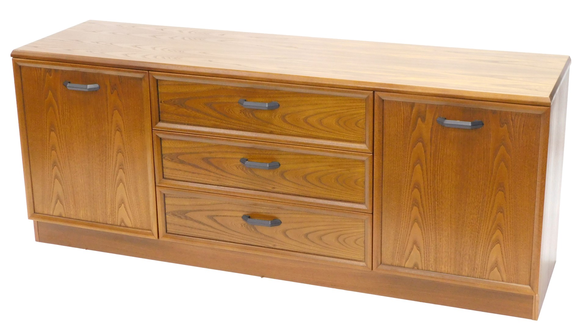 A G-Plan teak low sideboard, with an arrangement of three drawers and two doors, on a plinth, 67cm h