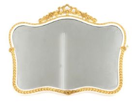 A cream and gilt painted wall mirror, of shaped and arched cartouche form, with rose and bow top, 78