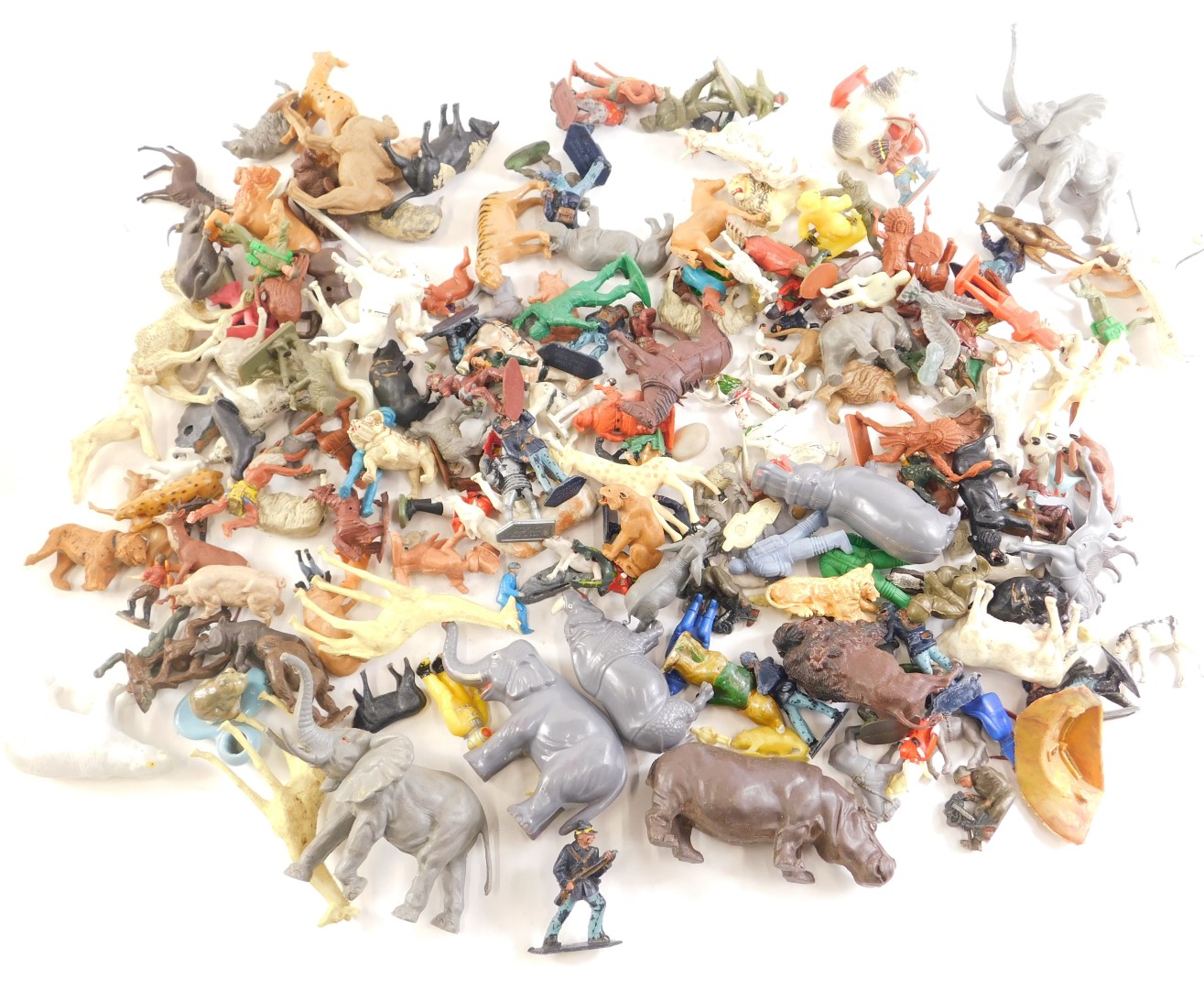 A quantity of plastic toy animals, wild west figures, soldiers, etc. (AF)