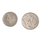 Two South African coins, comprising 1970 fifty, and a 1965 twenty. (2)