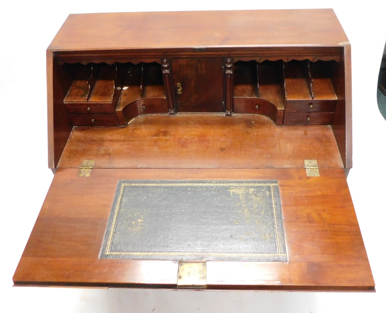 A George III mahogany bureau, the fall with a later brass handle enclosing fitted interior, above fo - Image 2 of 2