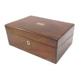 A 19thC mahogany writing box, the hinged lid with plaque engraved Mary Thompson, and bearing date 18