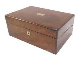 A 19thC mahogany writing box, the hinged lid with plaque engraved Mary Thompson, and bearing date 18